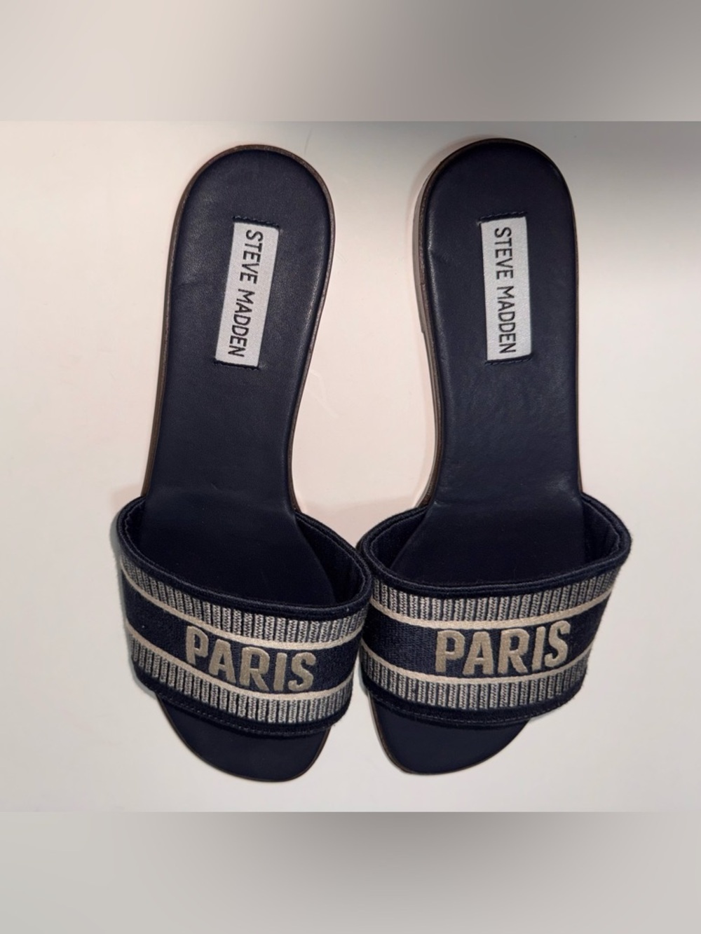 Steve Madden Navy Blue 'PARIS' Embroidered Slide Sandals - 8 - Picture 3 of 5